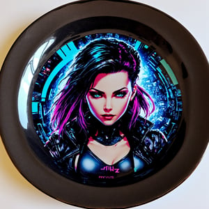 fnxipltz,a plate with  a cyberpunk girl setting in the middle