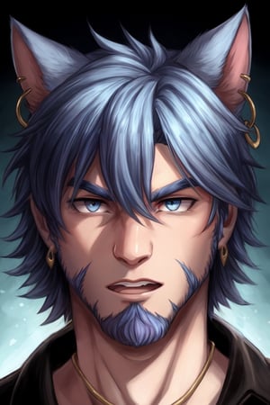 Khit'li L'ocar, beard, blue eyes, blue hair, purple hair, stubble, cat boy, closed mouth, earrings, facial hair, jewelry, looking at viewer, multicolored hair, portrait, red eyes 