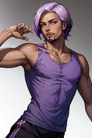 solo, 1boy, male focus, light purple hair,  green eyes, stubble, goatee, dark skinned male, dark skin, lips, shirt, tank top, hyur, specular highlights, gradient, dynamic pose,