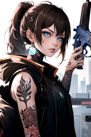 Cyberpunk Style, 1boy, 1girl, arm tattoo, blue eyes, blurry, blurry background, brown hair, freckles, gun, holding, holding gun, holding weapon, jewelry, looking at viewer, necklace, ponytail, sleeveless, solo focus, tattoo, upper body, vest, weapon