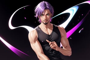 solo, 1boy, male focus,  dark skinned male, dark skin, light purple hair,  green eyes, stubble, goatee, lips, shirt, tank top, hyur, specular highlights, gradient, dynamic pose,