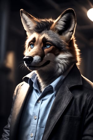 Andrew Bryant, 1boy, male focus, solo, two tone hair, grey hair, dusty brown hair, blue eyes, facial hair, beard, fox ears, silver fox vibes, gruff, dry looking skin, anthro, animal ears, animal ear fluff, furry, leather jacket with patches, detailed face, detailed eyes, detailed hair, tonemapping, ultra sharp, extremely detailed, side lighting, rim lighting, specular highlights,realistic