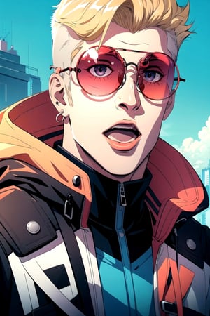 Cyberpunk Style, 1boy, male focus, solo, blonde hair, earrings, jewelry, sunglasses, open mouth, mole under eye, tinted eyewear, jacket, mole, short hair, hood, meme, looking at viewer, round eyewear, glasses