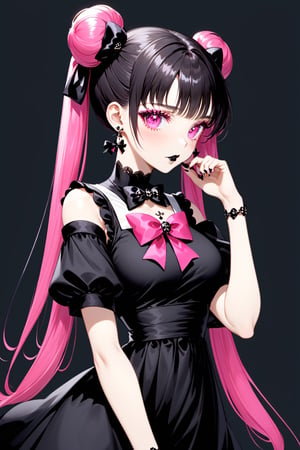 1girl, solo, long hair, breasts, looking at viewer, bangs, simple background, black hair, hair ornament, dress, bow, ribbon, bare shoulders, twintails, jewelry, very long hair, upper body, pink hair, short sleeves, multicolored hair, earrings, parted lips, detached sleeves, sleeveless, puffy sleeves, hand up, bowtie, pink eyes, grey background, hair bun, nail polish, black dress, puffy short sleeves, wrist cuffs, double bun, black bow, makeup, sleeveless dress, black background, brooch, gem, pink nails, skull hair ornament