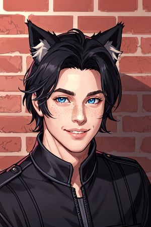 Maverick Ellis Rowe, 1boy, male focus, solo,  looking at viewer, smile, blue eyes, black hair, animal ears, animal ear fluff, cat ears, lips, portrait, freckles, realistic, brick wall