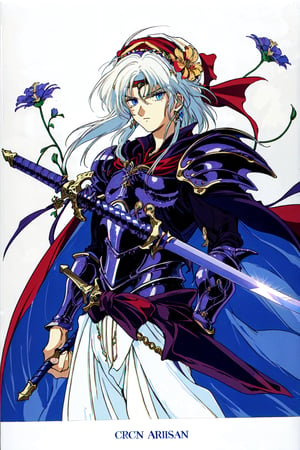 Arislan Retro Style, solo, blue eyes, 1boy, holding, weapon, flower, white hair, male focus, sword, cape, holding weapon, armor, circlet, retro artstyle, 1990s (style), turban