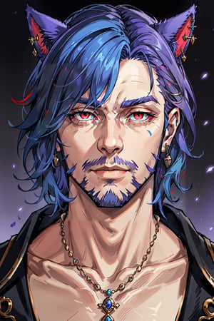 Khit'li L'ocar, beard, blue eyes, blue hair, purple hair, stubble, cat boy, closed mouth, earrings, facial hair, jewelry, looking at viewer, multicolored hair, portrait, red eyes, realistic