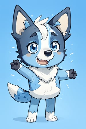 Bluey Style, Bluey Irwin Chibi, blue heeler, two-tone fur,   blue fur, white fur, solo, looking at viewer, smile, open mouth, simple background, 1boy, animal ears, standing, tail, full body, male focus, black eyes, arms up, blue background, happy, outstretched arms, furry, furry male, body fur, animal nose, 