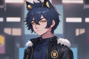 1boy, male focus, american, long hair, fluffy hair, navy blue hair, cat ears, animal ears, animal ear fluff, gold eyes, leather jacket, tshirt, portrait, upper body, tattoos, anarchist vibes, clean shaven