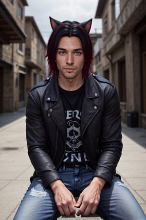 Chris_Xvoor, 1boy, male focus, solo, looking at viewer,, blue eyes, black hair, animal ears, sitting, jacket, red hair, outdoors, day, pants, cat ears, blurry, black jacket, torn clothes, blurry background, denim, jeans, leather, torn pants, leather jacket, torn jeans, denim jacket, upper body, specular highlights, detailed face, detailed eyes, detailed hair, textured hair, rim lighting, extreme light and shadow, masterpiece, official art, portrait