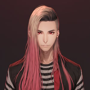 1boy, male focus, solo focus,solo, long hair,  red eyes, looking at viewer, lips, striped shirt, shirt, striped, pink hair, nose, upper body, multicolored hair, black shirt, red background, striped jacket