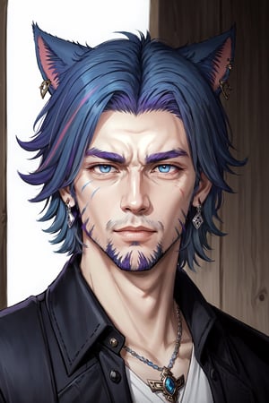 Khit'li L'ocar, beard, blue eyes, blue hair, purple hair, stubble, cat boy, closed mouth, earrings, facial hair, jewelry, looking at viewer, multicolored hair, portrait, red eyes 