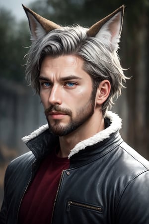 Andrew Bryant, 1boy, male focus, solo, two tone hair, grey hair, dusty brown hair, blue eyes, facial hair, beard, fox ears, silver fox vibes, gruff, dry looking skin, anthro, animal ears, animal ear fluff, furry, leather jacket with patches, detailed face, detailed eyes, detailed hair, tonemapping, ultra sharp, extremely detailed, side lighting, rim lighting, specular highlights,realistic