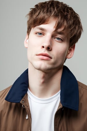 1boy, male focus, masculine, solo, looking at viewer, short hair, blue eyes, brown hair, shirt, closed mouth, jacket, male focus, black shirt, facial hair, portrait, realistic, light stubble,