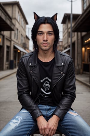 Chris_Xvoor, 1boy, male focus, solo, looking at viewer,, blue eyes, black hair, animal ears, sitting, jacket, red hair, outdoors, day, pants, cat ears, blurry, black jacket, torn clothes, blurry background, denim, jeans, leather, torn pants, leather jacket, torn jeans, denim jacket, upper body, specular highlights, detailed face, detailed eyes, detailed hair, textured hair, rim lighting, extreme light and shadow, masterpiece, official art, portrait