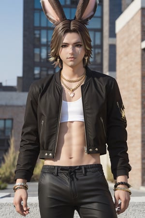Khitli Viera, 1boy, male focus, solo, looking at viewer, short hair, brown hair, navel, animal ears, jewelry, jacket,  earrings, open clothes, midriff, pants, necklace, rabbit ears, bracelet, open jacket, lips, black jacket, crop top, facial mark, black pants, hand on shoulder, building, cropped jacket, leather jacket, viera, 