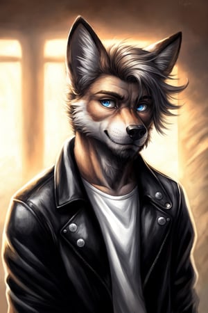 Andrew Bryant, 1boy, male focus, solo, two tone hair, grey hair, dusty brown hair, blue eyes, facial hair, beard, fox ears, silver fox vibes, gruff, dry looking skin, anthro, animal ears, animal ear fluff, furry, leather jacket with patches, detailed face, detailed eyes, detailed hair, tonemapping, ultra sharp, extremely detailed, side lighting, rim lighting, specular highlights,realistic