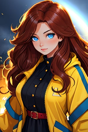  blue eyes, solo, voluptuous, auburn hair, long hair, yellow jacket,outdoors, pride theme, rainbows, parade, black dress, specular highlights, side lighting, detailed face, detailed eyes, wide shot, dynamic lighting, dynamic angle