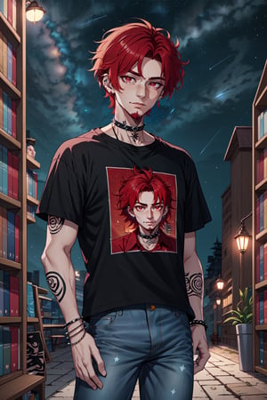 Agenda_Mix, solo, looking at viewer, short hair, shirt, red eyes, 1boy, jewelry, short sleeves, male focus, red hair, earrings, outdoors, sky, choker, pants, collar, bracelet, black shirt, tattoo, night, facial hair, piercing, denim, t-shirt, building, ear piercing, star (sky), night sky, starry sky, freckles, jeans, bookshelf, arm tattoo, print shirt, spiked collar, shooting star, neck tattoo, detailed eyes, detailed hair, detailed face, textured hair, tone mapping , specular highlights, extreme light and shadow, rim lighting, side lighting, shiny, bloom , masterpiece, official art, subsurface scattering, (zentange, entangle, mandala, spiderwebs, chaos, panic, discord and disorder:0.7)