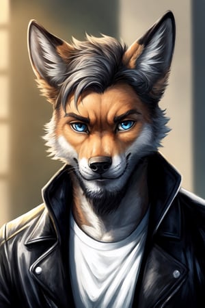 Andrew Bryant, 1boy, male focus, solo, two tone hair, grey hair, dusty brown hair, blue eyes, facial hair, beard, fox ears, silver fox vibes, gruff, dry looking skin, anthro, animal ears, animal ear fluff, furry, leather jacket with patches, detailed face, detailed eyes, detailed hair, tonemapping, ultra sharp, extremely detailed, side lighting, rim lighting, specular highlights,realistic