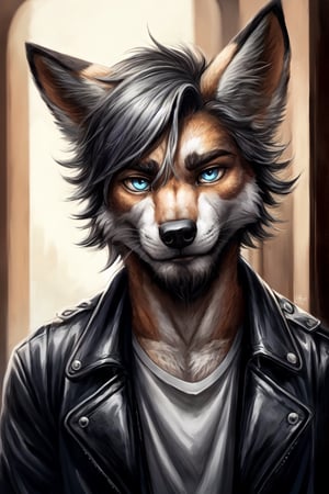 Andrew Bryant, 1boy, male focus, solo, two tone hair, grey hair, dusty brown hair, blue eyes, facial hair, beard, fox ears, silver fox vibes, gruff, dry looking skin, anthro, animal ears, animal ear fluff, furry, leather jacket with patches, detailed face, detailed eyes, detailed hair, tonemapping, ultra sharp, extremely detailed, side lighting, rim lighting, specular highlights,realistic