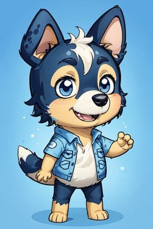 Bluey Style, Bluey Irwin Chibi, blue heeler, blue fur,  solo, looking at viewer, smile, open mouth, simple background, 1boy, animal ears, standing, tail, full body, male focus, black eyes, arms up, blue background, happy, outstretched arms, furry, furry male, body fur, animal nose, two-tone fur, blue fur