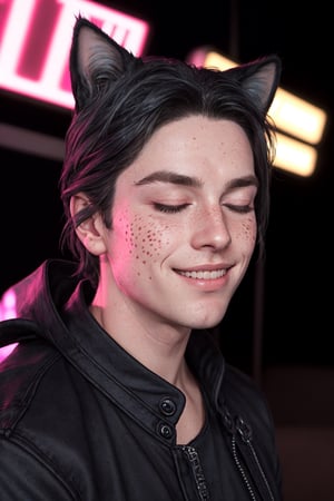 Maverick Ellis Rowe, 1boy, male focus, solo, looking at viewer, smile, blue eyes, black hair, animal ears, one eye closed, cat ears, lips, night, freckles, realistic, neon lights