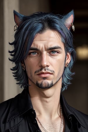 Khit'li L'ocar, beard, blue eyes, blue hair, purple hair, stubble, cat boy, closed mouth, earrings, facial hair, jewelry, looking at viewer, multicolored hair, portrait, red eyes, realistic