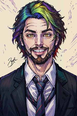 Duskfallcrew Art Style, solo, looking at viewer, smile, shirt, 1boy, brown eyes, jacket, yellow eyes, white shirt, male focus, green hair, necktie, teeth, striped, collared shirt, signature, grin, facial hair, black background, beard, striped shirt, purple necktie