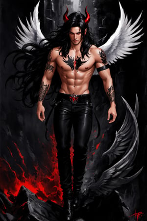 solo, long hair, looking at viewer, black hair, red eyes, 1boy, tail, full body, male focus, wings, horns, belt, pants, tattoo, muscular, black pants, pectorals, muscular male, demon horns, demon tail, demon wings, topless male, angel wings, leather, chest tattoo, demon, demon boy, leather pants
