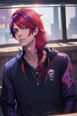 1boy, male focus, american, long hair, fluffy hair, two tone hair, purple hair, multicolored hair, red hair, navy blue hair, hooded jacket, tshirt, portrait, upper body, tattoos, anarchist vibes, clean shaven