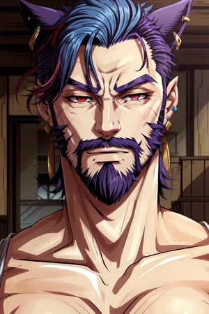 Khit'li L'ocar, beard, blue eyes, blue hair, purple hair, stubble, cat boy, closed mouth, earrings, facial hair, jewelry, looking at viewer, multicolored hair, portrait, red eyes, realistic