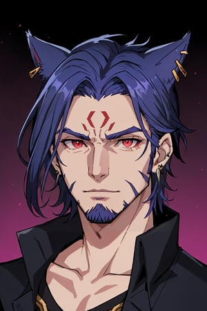 Khit'li L'ocar, beard, blue eyes, blue hair, purple hair, stubble, cat boy, closed mouth, earrings, facial hair, jewelry, looking at viewer, multicolored hair, portrait, red eyes 