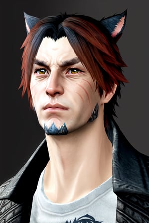 Khit'li L'ocar, beard, black hair, blue background, blue eyes, red eyes,  heterochromia, cat boy, closed mouth, facial hair, looking at viewer, multicolored hair, portrait, red hair, short hair, two-tone hair, realistic, specular highlights,  