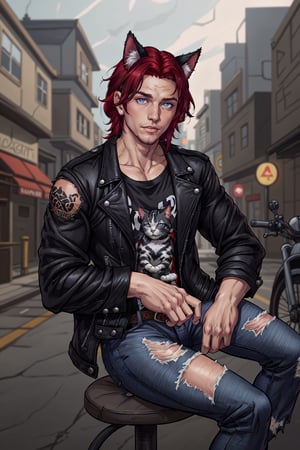 Chris_Xvoor, 1boy, male focus, solo, looking at viewer,, blue eyes, black hair, animal ears, sitting, jacket, red hair, outdoors, day, pants, cat ears, blurry, black jacket, torn clothes, blurry background, denim, jeans, leather, torn pants, leather jacket, torn jeans, denim jacket, upper body, specular highlights, detailed face, detailed eyes, detailed hair, textured hair, rim lighting, extreme light and shadow, masterpiece, official art, portrait