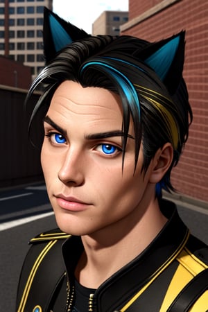 Maverick Ellis Rowe, blue eyes, solo, cat ears, animal ears, short hair, black hair, yellow jacket,outdoors, pride theme, rainbows, parade, black dress, specular highlights, side lighting, detailed face, detailed eyes, wide shot, dynamic lighting, dynamic angle