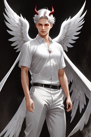 Lucifer, solo, short hair, shirt, red eyes, 1boy, white hair, male focus, wings, horns, pants, black shirt, muscular, facial hair, pectorals, muscular male, demon horns, t-shirt, bara, feathered wings, beard, large pectorals, demon wings, angel wings, mature male, white pants, white wings, angel, tight, manly, black horns, demon boy
