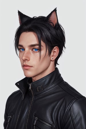 Maverick Ellis Rowe, 1boy, male focus, solo, looking at viewer, short hair, blue eyes, simple background, black hair, animal ears, jacket, cat ears, lips, zipper, freckles, realistic, nose, leather