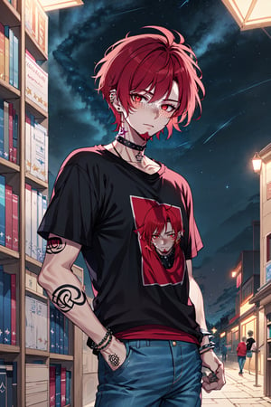 Agenda_Mix, solo, looking at viewer, short hair, shirt, red eyes, 1boy, jewelry, short sleeves, male focus, red hair, earrings, outdoors, sky, choker, pants, collar, bracelet, black shirt, tattoo, night, facial hair, piercing, denim, t-shirt, building, ear piercing, star (sky), night sky, starry sky, freckles, jeans, bookshelf, arm tattoo, print shirt, spiked collar, shooting star, neck tattoo, detailed eyes, detailed hair, detailed face, textured hair, tone mapping , specular highlights, extreme light and shadow, rim lighting, side lighting, shiny, bloom , masterpiece, official art, subsurface scattering, (zentange, entangle, mandala, spiderwebs, chaos, panic, discord and disorder:0.7)