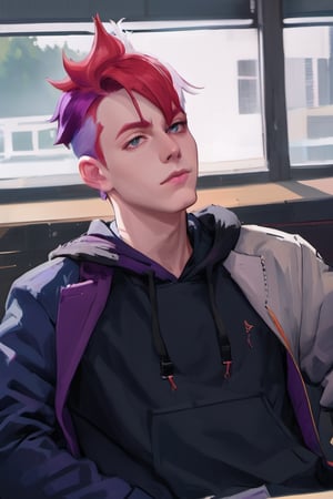 1boy, male focus, pale skin, american, long hair, fluffy hair, two tone hair, purple hair, multicolored hair, red hair, navy blue hair, hooded jacket, tshirt, portrait, upper body, tattoos, anarchist vibes, clean shaven