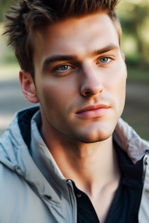 Chris_Xvoor, 1boy, male focus, solo, looking at viewer, , blue eyes, black hair, animal ears, sitting, jacket, red hair, outdoors, day, pants, cat ears, blurry, black jacket, torn clothes, blurry background, denim, jeans, leather, torn pants, leather jacket, torn jeans, denim jacket, upper body, specular highlights, detailed face, detailed eyes, detailed hair, textured hair, rim lighting, extreme light and shadow, realistic, masterpiece, portrait,