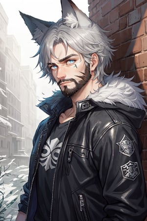 Andrew Bryant, 1boy, male focus, solo, two tone hair, grey hair, dusty brown hair, blue eyes, facial hair, beard, fox ears, silver fox vibes, gruff, dry looking skin, anthro, animal ears, animal ear fluff, furry, leather jacket with patches, detailed face, detailed eyes, detailed hair, tonemapping, ultra sharp, extremely detailed, side lighting, rim lighting, specular highlights,