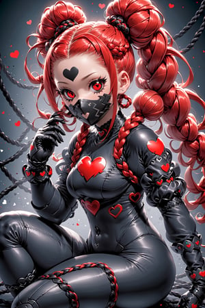 Cyberpunk Style, 1girl, black eyes, black gloves, bodysuit, braid, double bun, floating hair, gloves, hair bun, heart, long hair, looking at viewer, looking to the side, mask, mouth mask, official alternate costume, red hair, sitting, solo, weapon