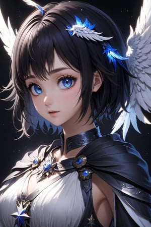 (masterpiece, best quality, ultra-detailed, highres), perfect face, sidelighting, lustrous skin,(bloom), (shine), lighting, ray tracing,head wings, weapon, multiple wings, wings, holding, long hair, sword, armor, black hair, colored skin, white eyes, looking at viewer, glowing, standing, feathered wings, headpiece, blood, glowing eyes, 1girl, short hair, robe, star \(sky\), black lips, straight-on,depth_of_field,very detailed background, highly detailed background, Masterpiece, Ultra detailed, great composition,Dynamic angle,[Bottle bottom],(wide shot), extremely delicate and beautiful,(Highest picture quality), (Master's work), (Detailed eyes description),(Detailed face description), (fantasy), depth of field, solo,Beautiful girl,extreme light and shadow, masterpiece, rich in detail, (fine features), (highest quality), (masterpiece), (detailed eyes), (beautiful) detailed girl,beautiful detailed eyes,(straight-on), full body, (extremely detailed CG unity 8k wallpaper),(masterpiece), (best quality), (ultra-detailed), (best illustration),(best shadow), perfect lighting , perfect anatomy ,