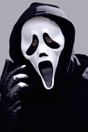 Ghostface Baller, solo, open mouth, simple background, gloves, 1boy, male focus, black gloves, hood, mask, hood up, black border