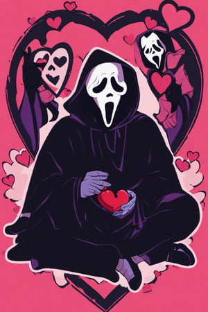 Ghostface Baller, solo, gloves, long sleeves, 1boy, sitting, male focus, heart, hood, torn clothes, mask, cloak, hood up, skull, robe, indian style, heart background 