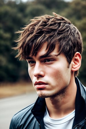 1boy, male focus, masculine, solo, looking at viewer, short hair, blue eyes, brown hair, shirt, closed mouth, jacket, male focus, black shirt, facial hair, portrait, realistic, light stubble,