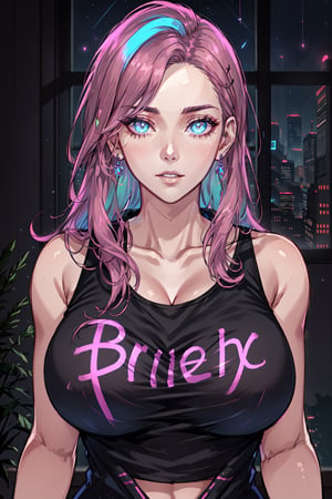 Transgender Female, Kitch, solo, voluptuous, long hair, large breasts, shirt, jewelry, upper body, earrings, parted lips, indoors, window, night, tank top, clothes writing, neon lights, specular highlights, detailed face, detailed eyes, upper body, portrait