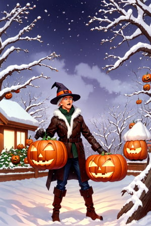 gloves, 1boy, hat, white hair, male focus, outdoors, multiple boys, sky, pants, tree, building, snow, halloween, snowing, jack-o'-lantern, pumpkin, house, old, winter, cane
