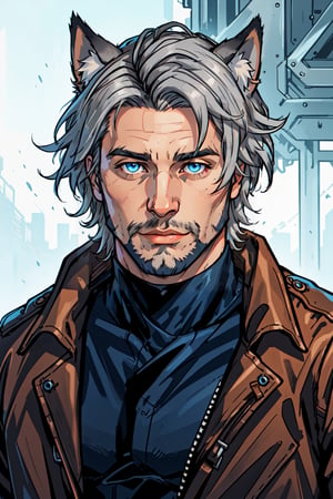 Andrew Bryant, 1boy, male focus, solo, two tone hair, grey hair, dusty brown hair, blue eyes, facial hair, beard, fox ears, silver fox vibes, gruff, dry looking skin, anthro, animal ears, animal ear fluff, furry, leather jacket with patches, detailed face, detailed eyes, detailed hair, tonemapping, ultra sharp, extremely detailed, side lighting, rim lighting, specular highlights,